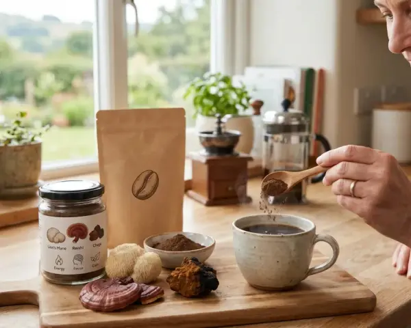 Une femme ajoute une cuillère de poudre à sa tasse de café, entourée de champignons médicinaux comme le chaga, pour profiter de ses bienfaits.