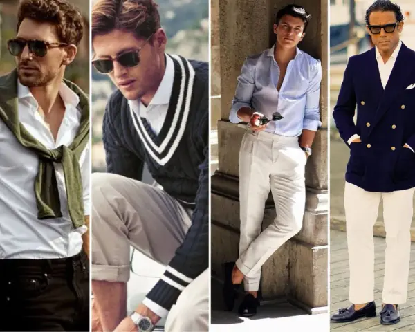 Cuatro hombres con estilo "old money": camisas, suéteres, pantalones de lino y blazers, todos con un aire de elegancia atemporal.