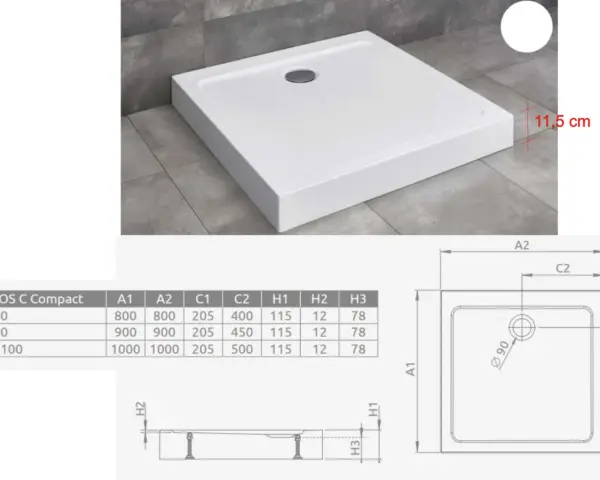 Biała, kwadratowa brodzik prysznicowy. Wymiary: 80x80, 90x90, 100x100 cm. Wysokość 11,5 cm.