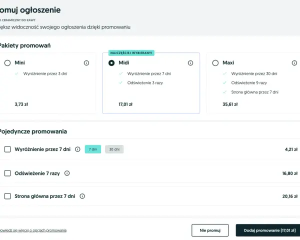 Ile kosztuje wystawienie samochodu na OLX? Sprawdź pakiety promowań: Mini (3,73 zł), Midi (17,01 zł), Maxi (35,61 zł) i pojedyncze opcje.