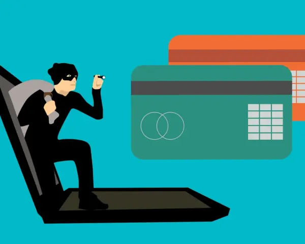 Ladrón sale de portátil con saco y linterna, cerca de tarjetas de crédito. Aprende como saber si una tienda online es falsa.