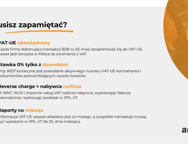 Kluczowe informacje o VAT-UE: obowiązek rejestracji, stawka 0% z dowodami, reverse charge i miesięczne raporty.