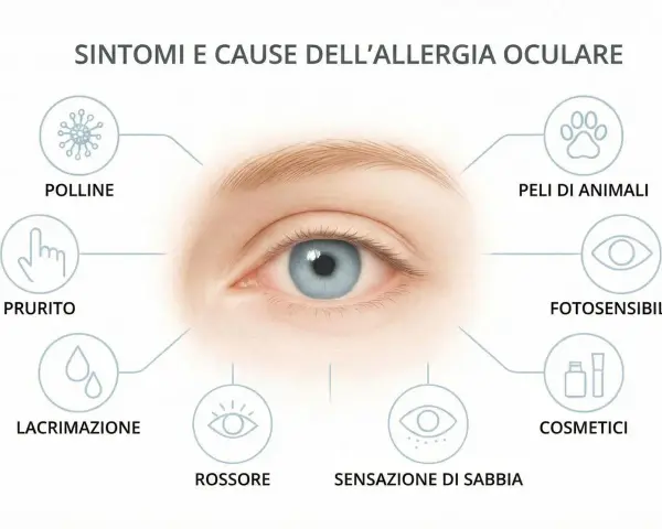 Occhi che prudono, lacrimazione, rossore: sintomi comuni di allergia oculare causata da pollini, peli animali, cosmetici.