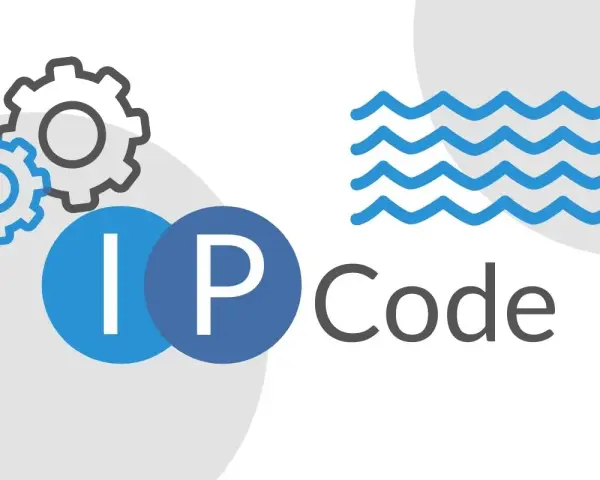 Grafika z kołami zębatymi, literami "IP" i falą, symbolizująca rozwój i innowacje w dziedzinie IP 64.