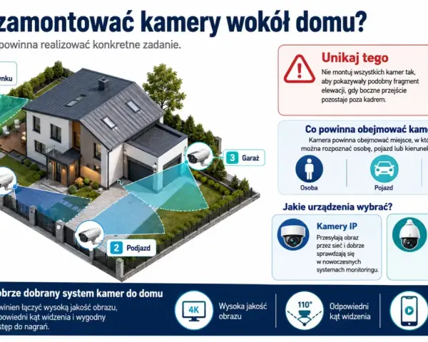 Ilustracja pokazuje, jak zamontować kamery wokół domu, wskazując optymalne miejsca: furtka, podjazd, garaż i ogród.