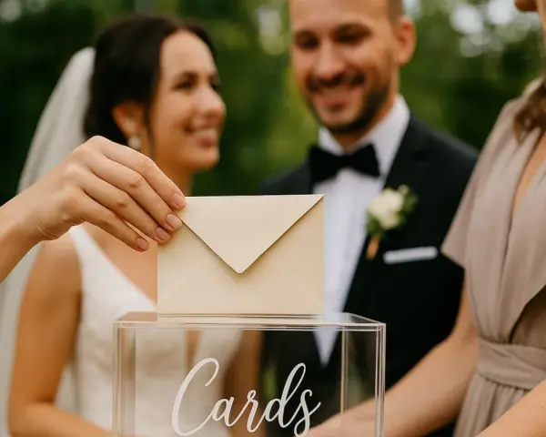 Dłoń wkłada kopertę do przezroczystej skrzynki z napisem "Cards". Młoda para w tle uśmiecha się, a goście wrzucają koperty, być może z myślą, ile na prezent ślubny.