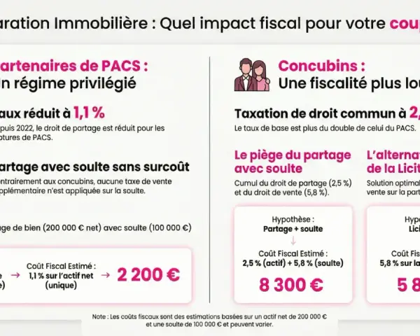 Séparation immobilière : PACS vs concubinage. Impact fiscal sur le crédit maison en cours. Le PACS offre un taux réduit de 1,1% pour le partage.