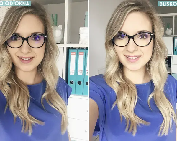 Fajne profilowe na IG! Uśmiechnięta blondynka w okularach, porównanie ujęć daleko i blisko okna.