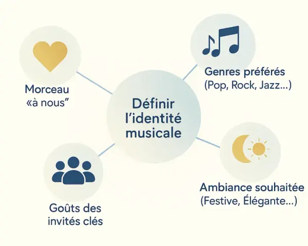 Schéma pour définir l'identité musicale d'une playlist mariage toute faite : morceau à nous, genres préférés, goûts des invités, ambiance souhaitée.