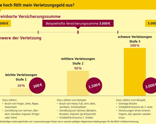 Die ergo unfallversicherung leistungen tabelle zeigt, wie sich Verletzungen auf die Auszahlung auswirken: leichte Verletzungen (Stufe 1) mit 10% bis zu schweren Verletzungen (Stufe 3) mit 100%.