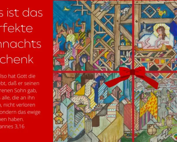 Weihnachtsbild mit Krippenszene und Menschenmenge, umrahmt von roten Bändern. Text zitiert Johannes 3,16: "Denn also hat Gott die Welt geliebt...