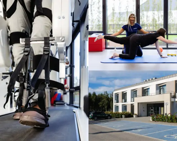 Kolaz z rehabilitacją: pacjent w egzoszkielecie, ćwiczenia z fizjoterapeutką, nowoczesny budynek.