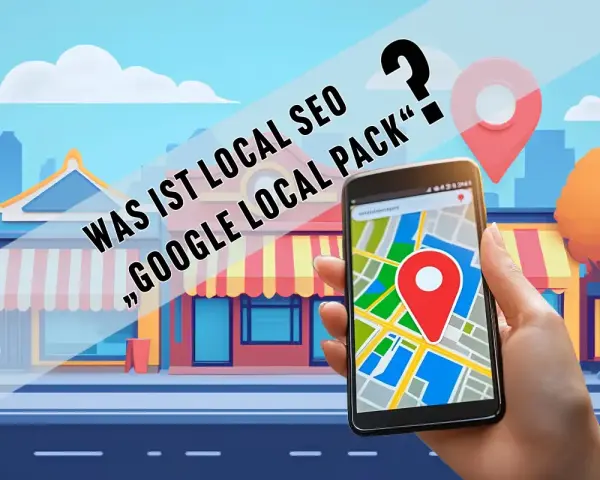 Hand hält Smartphone mit Karte, Fragezeichen und Ortsmarkierung. Text: "Was ist Local SEO, Google Local Pack?".