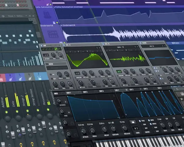 Musik am PC erstellen: Ein Blick auf eine digitale Audio-Workstation mit Spuren, Synthesizern und Effekten.