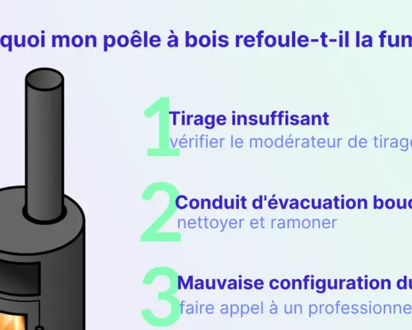 Illustration d'un poêle à bois avec un conduit. Le texte explique les causes d'un mauvais tirage poêle à bois : tirage insuffisant, conduit bouché ou mauvaise configuration.