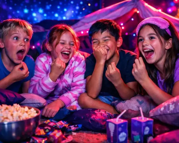 Fyra barn skrattar högt i ett mysigt fort med popcorn och dryck. Perfekt för roliga frågor till barn!
