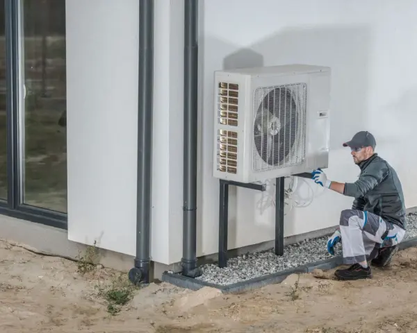 Technik wykonuje protokół uruchomienia pompy ciepła, sprawdzając instalację przy ścianie budynku.