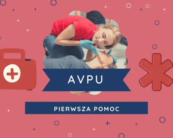 Ratownik ocenia przytomność pacjenta, stosując skalę AVPU. Obok apteczka i symbol pierwszej pomocy.
