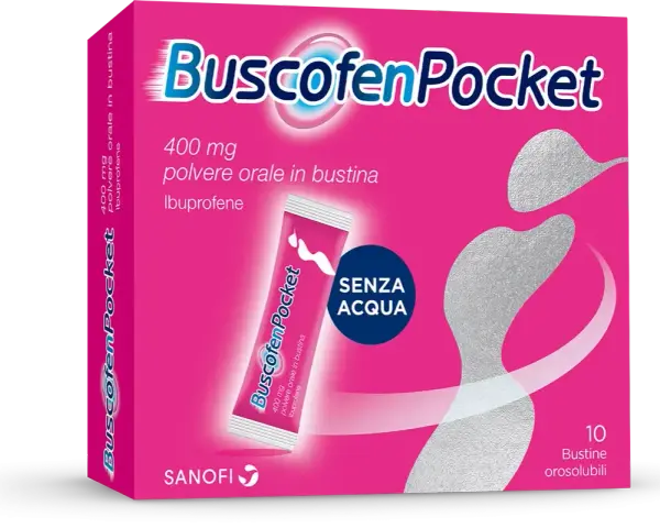Per i dolori mestruali, prova Buscofen Pocket: 400 mg di ibuprofene in bustine orosolubili, da prendere senza acqua.