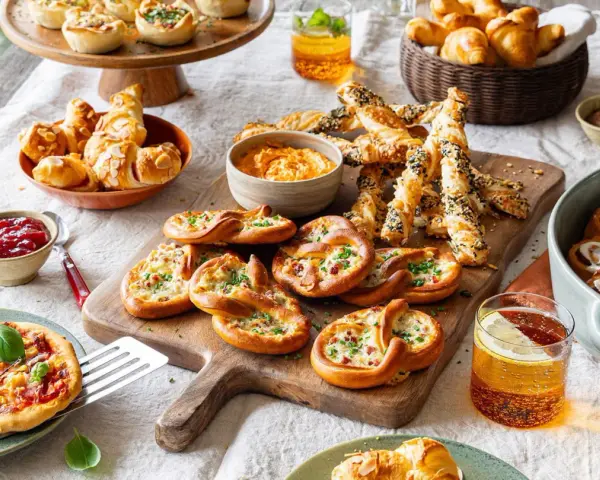 Leckeres Fingerfood: Mini-Pizzen, Brezeln und Croissants aus Pizzateig, dazu Dips und Zimtschnecken.