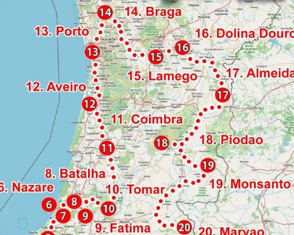 Mapa turystyczny Portugalii, gdzie leży Portugalia, z zaznaczonymi miastami: Porto, Coimbra, Fatima.