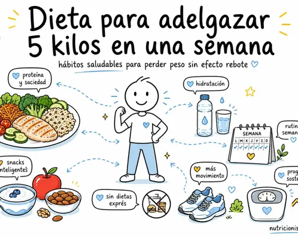 Ilustración sobre dieta para adelgazar 5 kilos en una semana, con consejos de proteína, hidratación, snacks, movimiento y rutina.