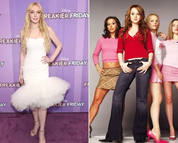 Lindsay Lohan w białej sukni i jako Regina George z "Wrednych dziewczyn".