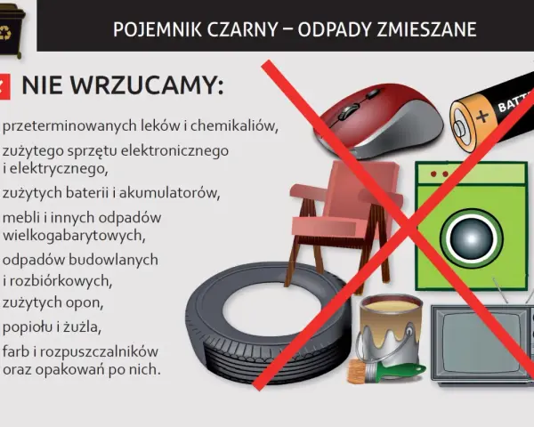 Czarny pojemnik na odpady zmieszane nie przyjmuje leków, elektroniki, baterii, mebli, opon, popiołu ani farb.