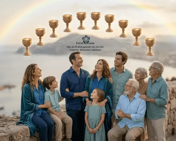 Una familia feliz bajo un arcoíris, con copas doradas flotando. Representa que significa el 10 de copas en el tarot: plenitud y armonía familiar.