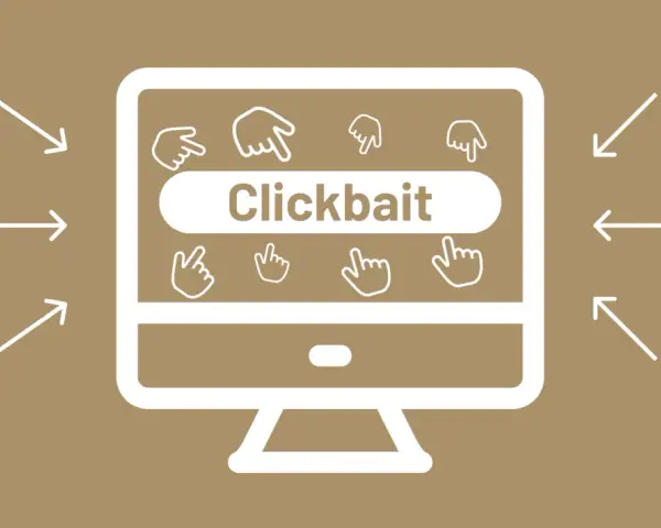 Pfeile ziehen den Blick auf einen Monitor mit der Aufschrift "Clickbait". Viele Mauszeiger laden zum Klicken ein.