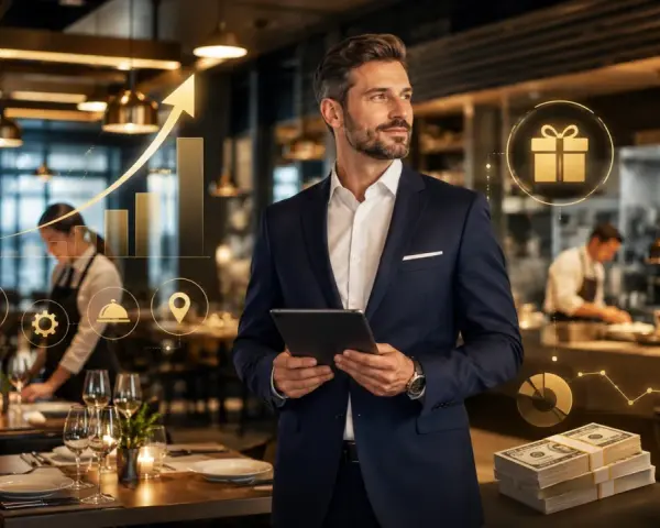 Mężczyzna w garniturze analizuje wykresy i stos banknotów, zastanawiając się, ile zarabia team leader w branży gastronomicznej.