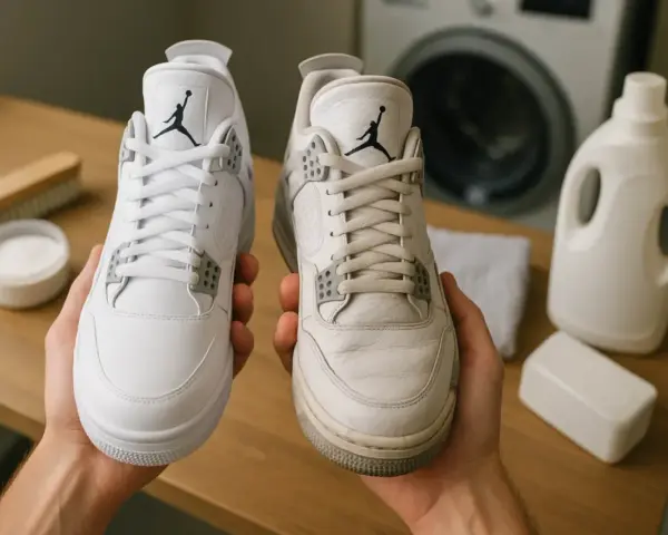 Para prać buty Nike w pralce, porównaj czyste i brudne Jordany. Obok proszek, szczotka i płyn do prania.