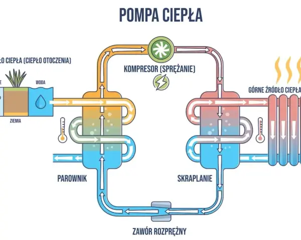 Schemat pompy ciepła pokazujący pobieranie ciepła z otoczenia (powietrze, woda, ziemia) i przekazywanie go do ogrzewania. Bezawaryjne pompy ciepła to przyszłość ekologicznego ogrzewania.