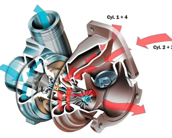 Schemat działania turbosprężarki typu twin turbo. Czerwone strzałki pokazują przepływ spalin z cylindrów 1+4 i 2+3, napędzających turbinę. Niebieskie strzałki ilustrują sprężone powietrze.