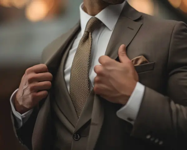 Uomo in abbigliamento business formal marrone, con camicia bianca e cravatta a trama.