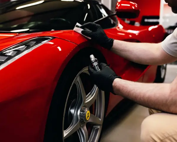 En person med svarta handskar applicerar en skyddande beläggning, troligen **Hydrosilex**, på en röd Ferrari.