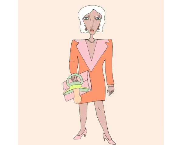 Eine Frau im orangefarbenen Kleid mit Schnuller-Handtasche, die den "Mama Burnout" symbolisiert.