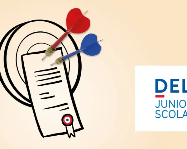 Dardos rojos y azules apuntan a un documento con un sello, simbolizando el éxito en el examen DELF Junior Scolaire, un título de francés.