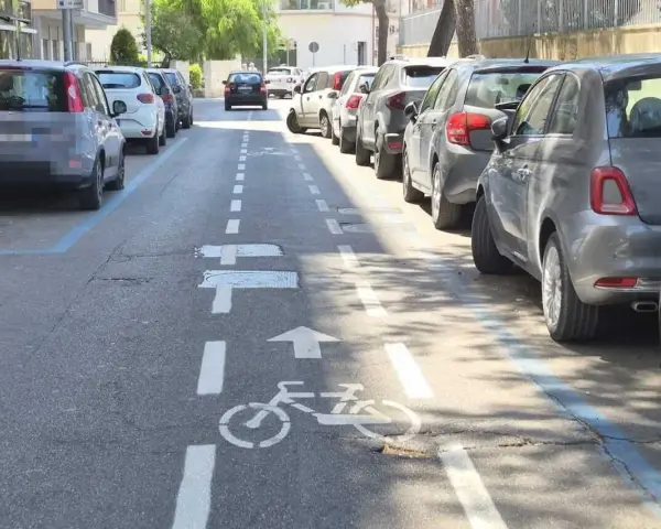 Strada a senso unico con corsia ciclabile delimitata da strisce bianche e blu. Auto parcheggiate lungo il lato destro.