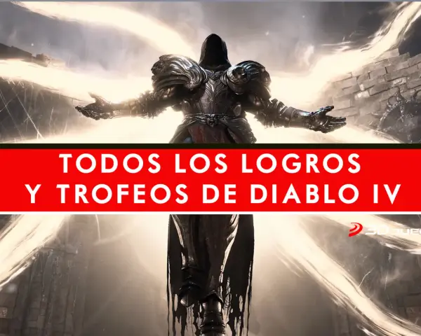 Figura imponente con armadura oscura, rodeada de luz celestial. El texto indica "TODOS LOS LOGROS Y TROFEOS DE DIABLO IV", sugiriendo una guía para obtener todos los trofeos diablo 4.