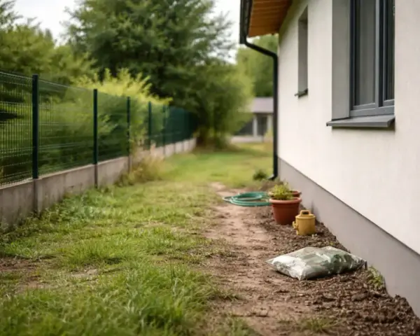 Ścieżka obok domu, z zielonym ogrodzeniem w tle. Odległość od granicy działki 1,5 m. Widać doniczki, wąż ogrodowy i worek z ziemią.