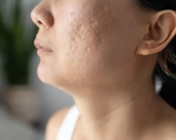Primer plano de una mejilla con marcas de acné, mostrando la textura de la piel y la búsqueda de soluciones sobre como quitar marcas de acne.