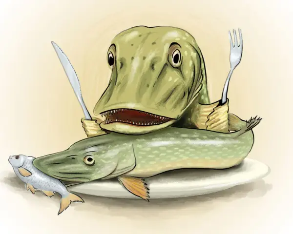 Ein grüner Hecht mit Messer und Gabel sitzt auf einem Teller, bereit, einen anderen Hecht zu fressen. Ein kleiner Fisch liegt daneben.
