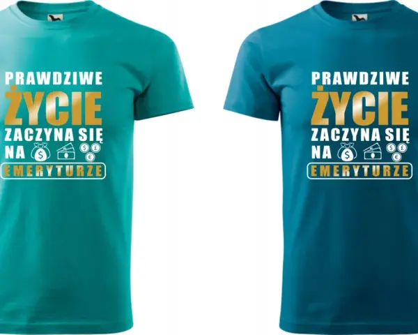 Dwie koszulki z napisem "Prawdziwe życie zaczyna się na emeryturze" i symbolami pieniędzy.