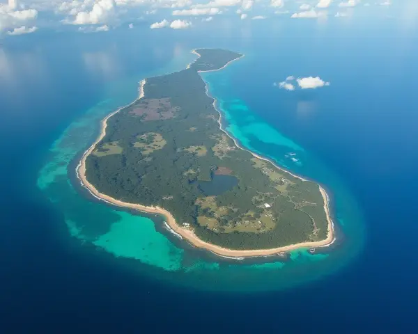 Zielona wyspa otoczona turkusową wodą, przypominająca kształtem Madagaskar.