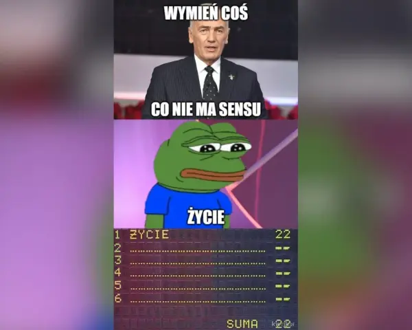 Co nosimy w portfelu familiada? Smutny żabka Pepe i wynik gry.