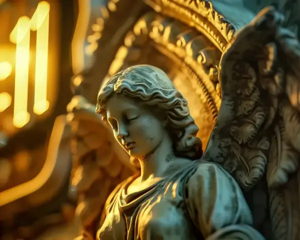 Kamienna rzeźba anioła, w tle świecące "11:11", symbolizujące 444 znaczenie i duchowe przebudzenie.