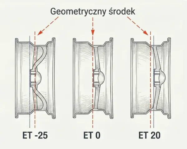 Ilustracja pokazuje trzy przekroje felg z różnym osadzeniem: ET -25, ET 0 i ET 20. Widać, jak zmienia się położenie geometrycznego środka felgi względem jej płaszczyzny montażowej.
