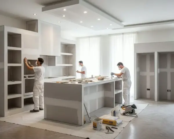 Operai al lavoro su una moderna cucina in cartongesso, in fase di costruzione.