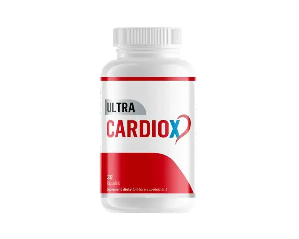 Biała butelka suplementu diety CardiOx z czerwono-niebieskim logo i napisem "ULTRA CARDIOX".